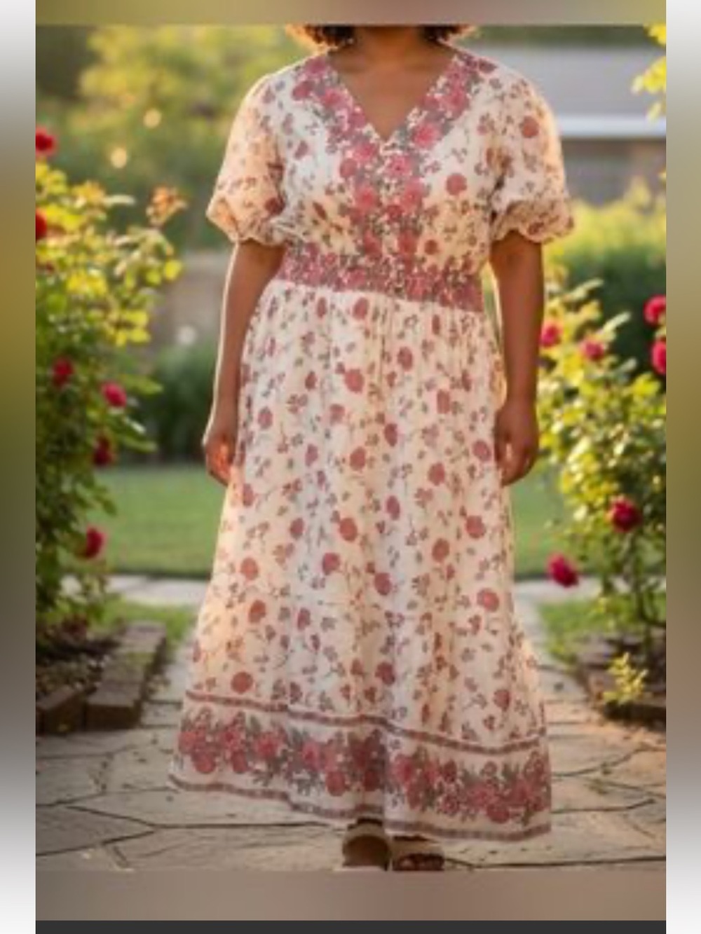 LEA Puff Sleeve Cotton Cream Floral V-Neck Casual Boho Dress